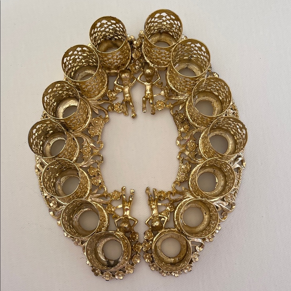 Vintage Gold Brass Filigree Cherubs Lipstick Vanity Makeup Set Holder - Picture 2 of 9